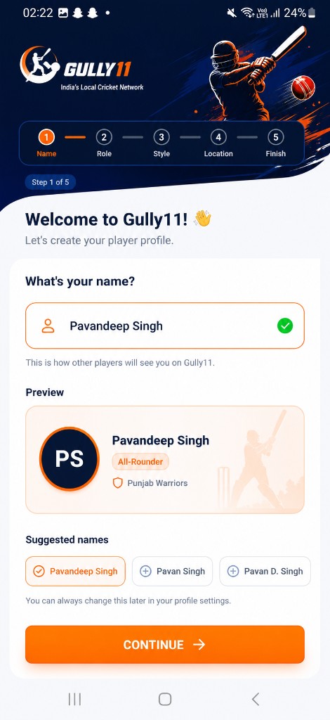 Profile setup — enter your name